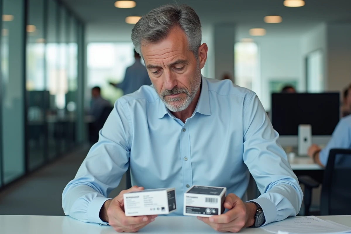 Homme en bureau comparant deux boîtes de cartouches compatibles pour imprimante avant achat