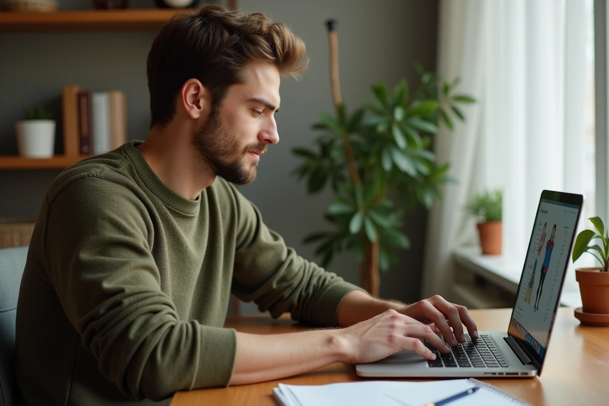 Homme consultant un guide des tailles en ligne sur un ordinateur portable pour éviter les erreurs de taille sur Zalando