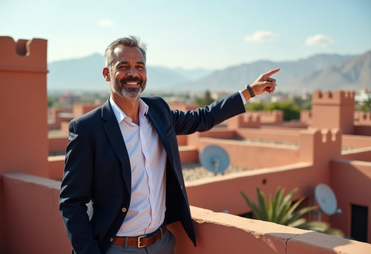 Homme marocain souriant pointant vers la medina de Marrakech