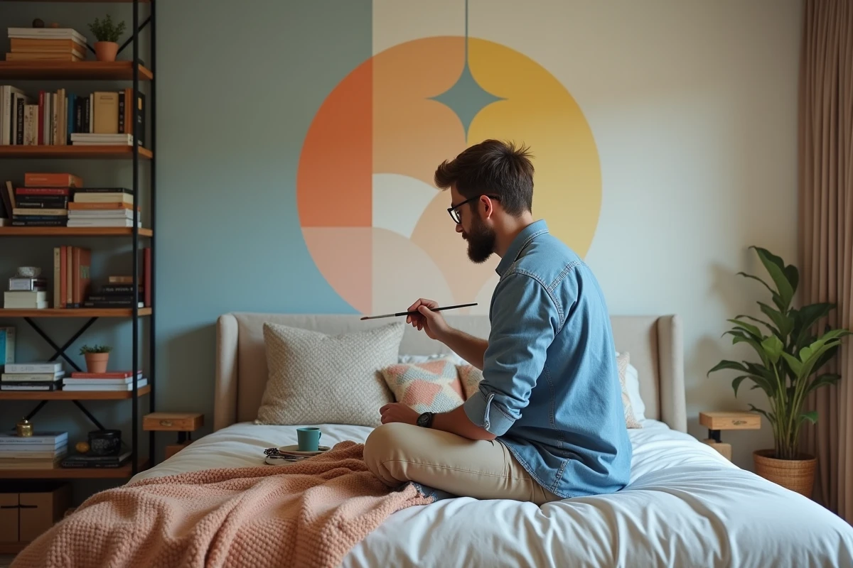 Jeune homme peignant un mur géométrique dans la chambre