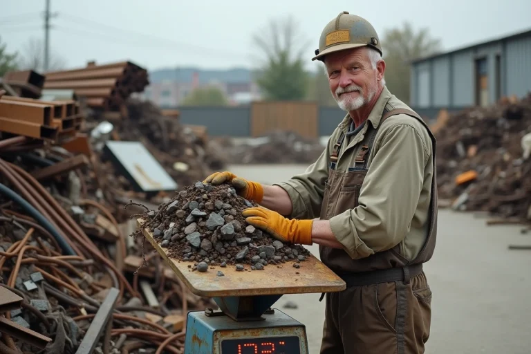 Homme d age moyen pese du metal dans une yard de recyclage