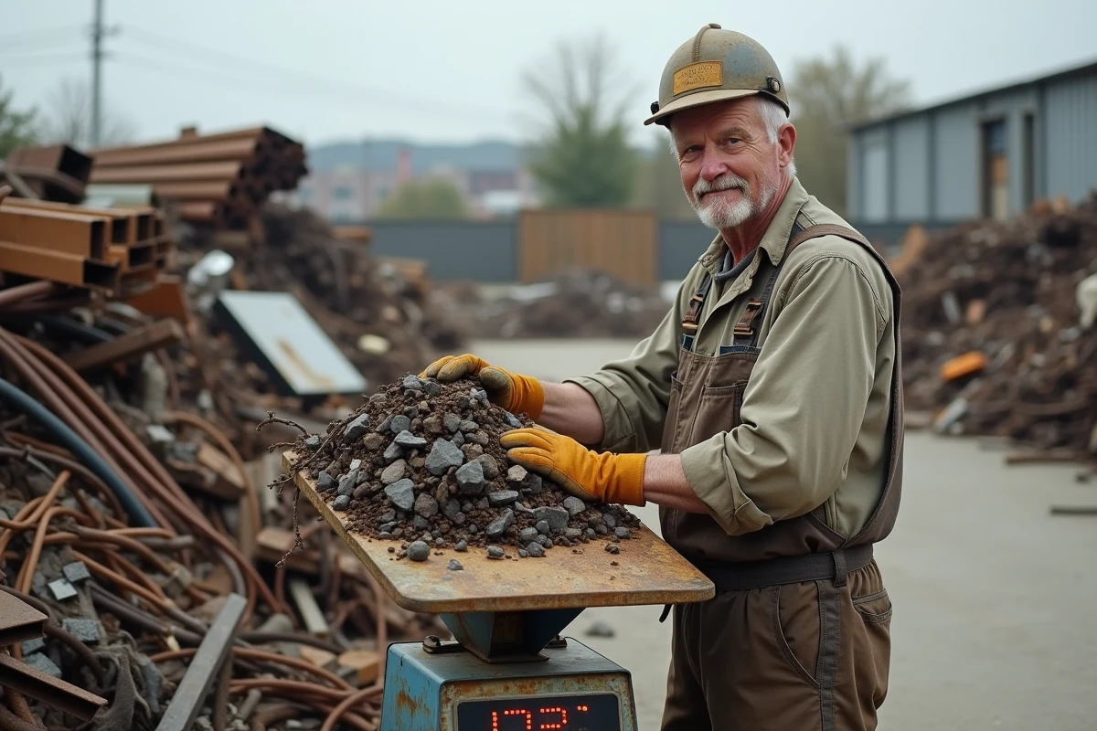 Homme d age moyen pese du metal dans une yard de recyclage