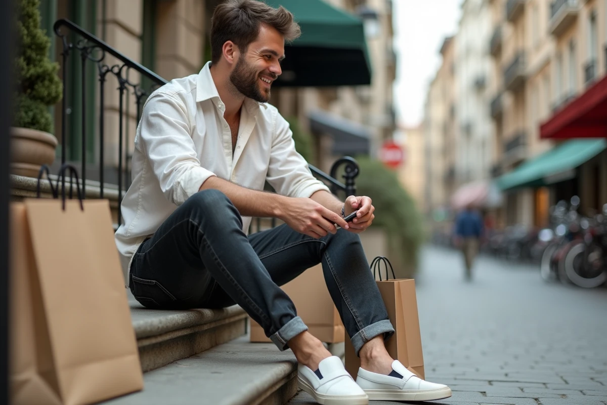 Homme tendance assis sur des marches urbaines avec des sacs de shopping mode autour de lui tenant une paire de mocassins minimalistes