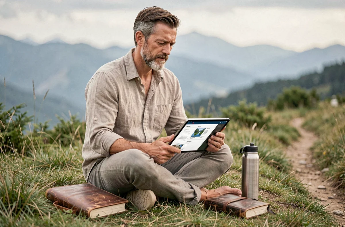 Homme planifiant un voyage solidaire en consultant un plan de site sur tablette assis dans la nature avec un journal de voyage