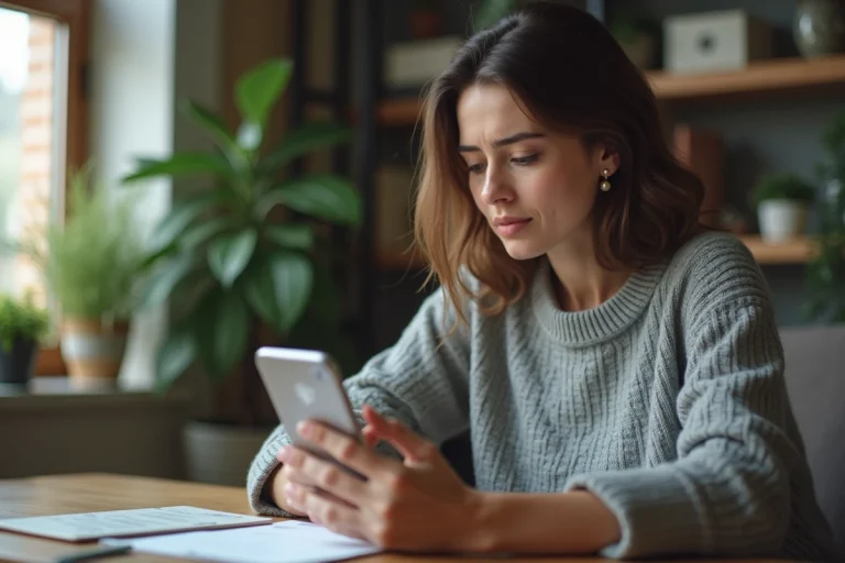 Femme identifiant un numéro de téléphone inconnu commençant par 09 sur son smartphone à son bureau