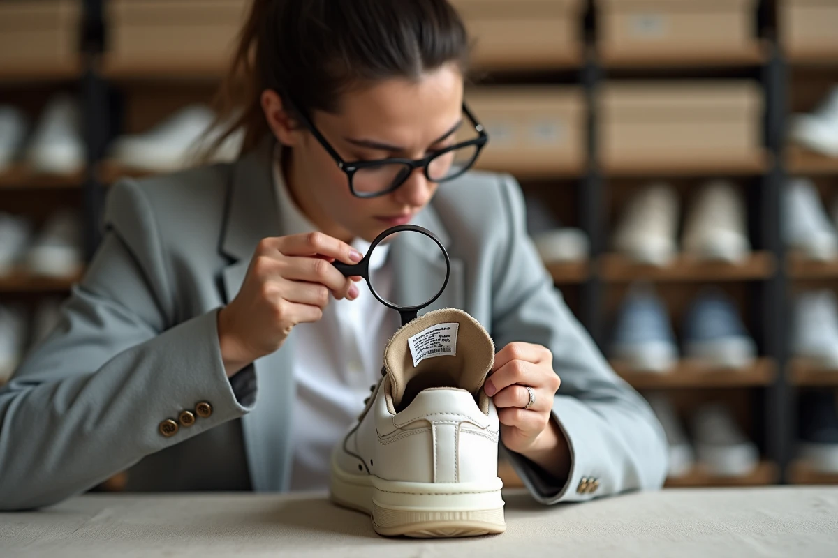 Une femme inspecte à la loupe la typographie de l'étiquette intérieure d'une sneaker pour identifier les signes d'une contrefaçon.