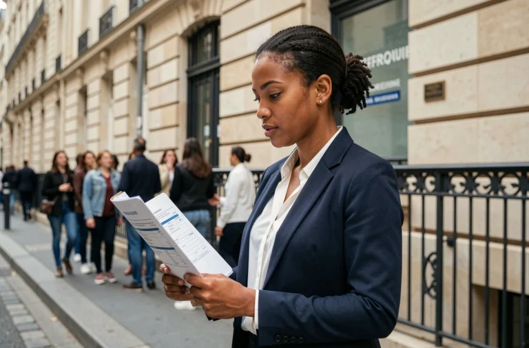 Femme immigrée tenant des documents administratifs devant une préfecture française, illustrant les démarches d'intégration en France