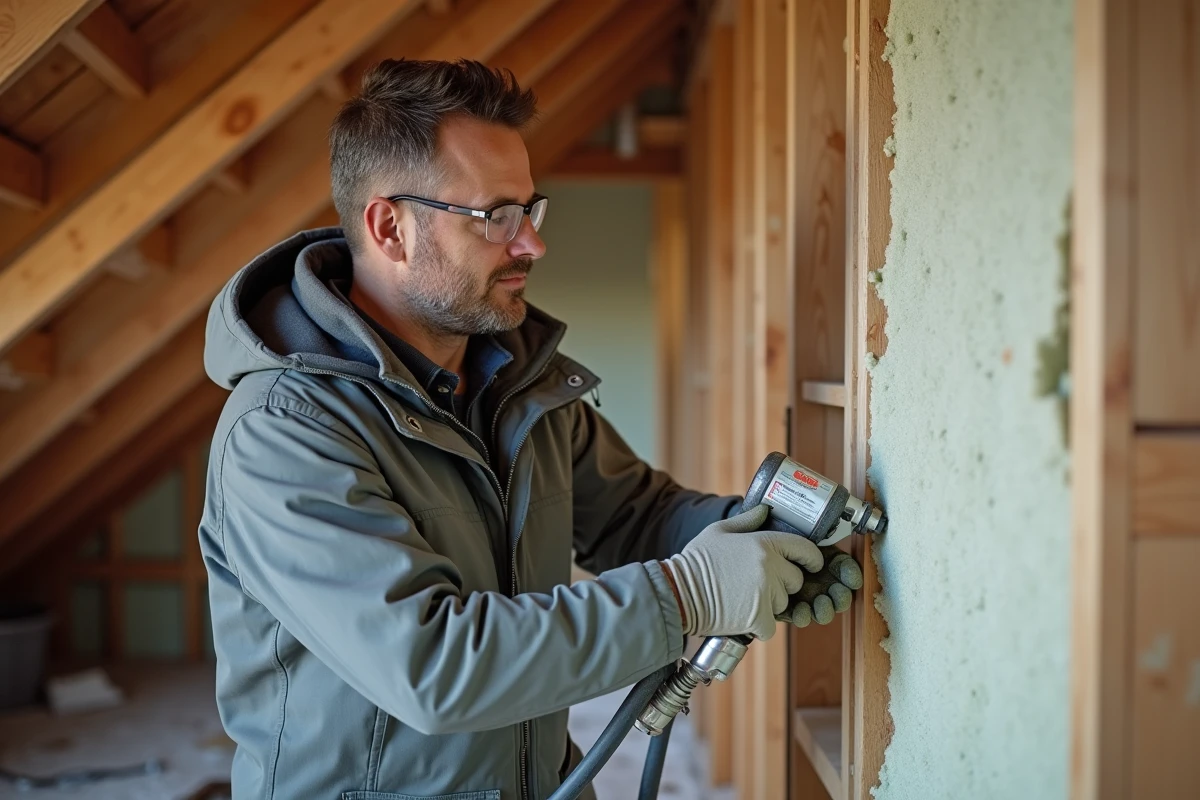 Artisan appliquant une isolation thermique en mousse polyuréthane dans les combles d'une maison lors d'une rénovation énergétique