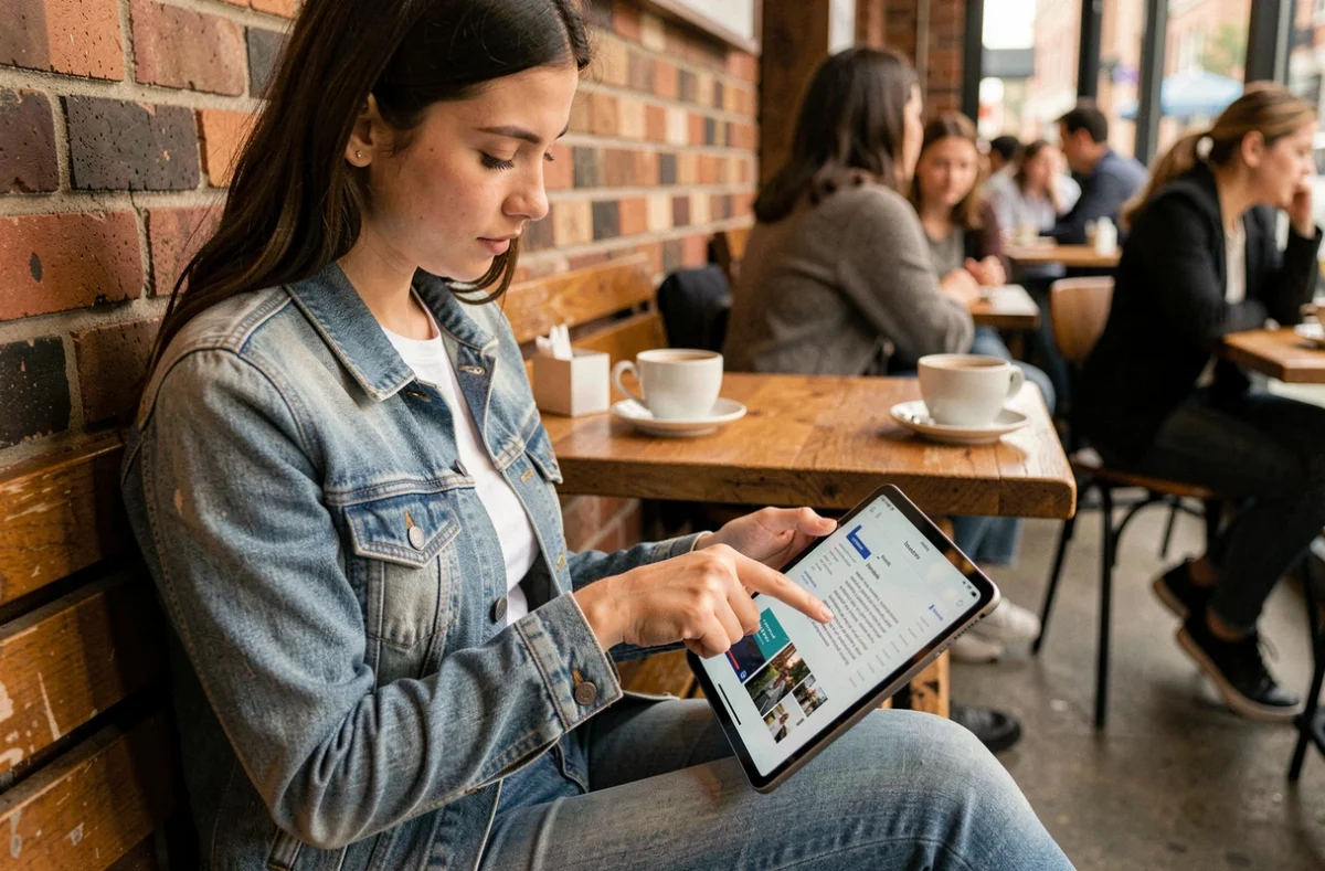 Jeune femme consultant le plan du site d'un blog sur une tablette dans un café urbain animé