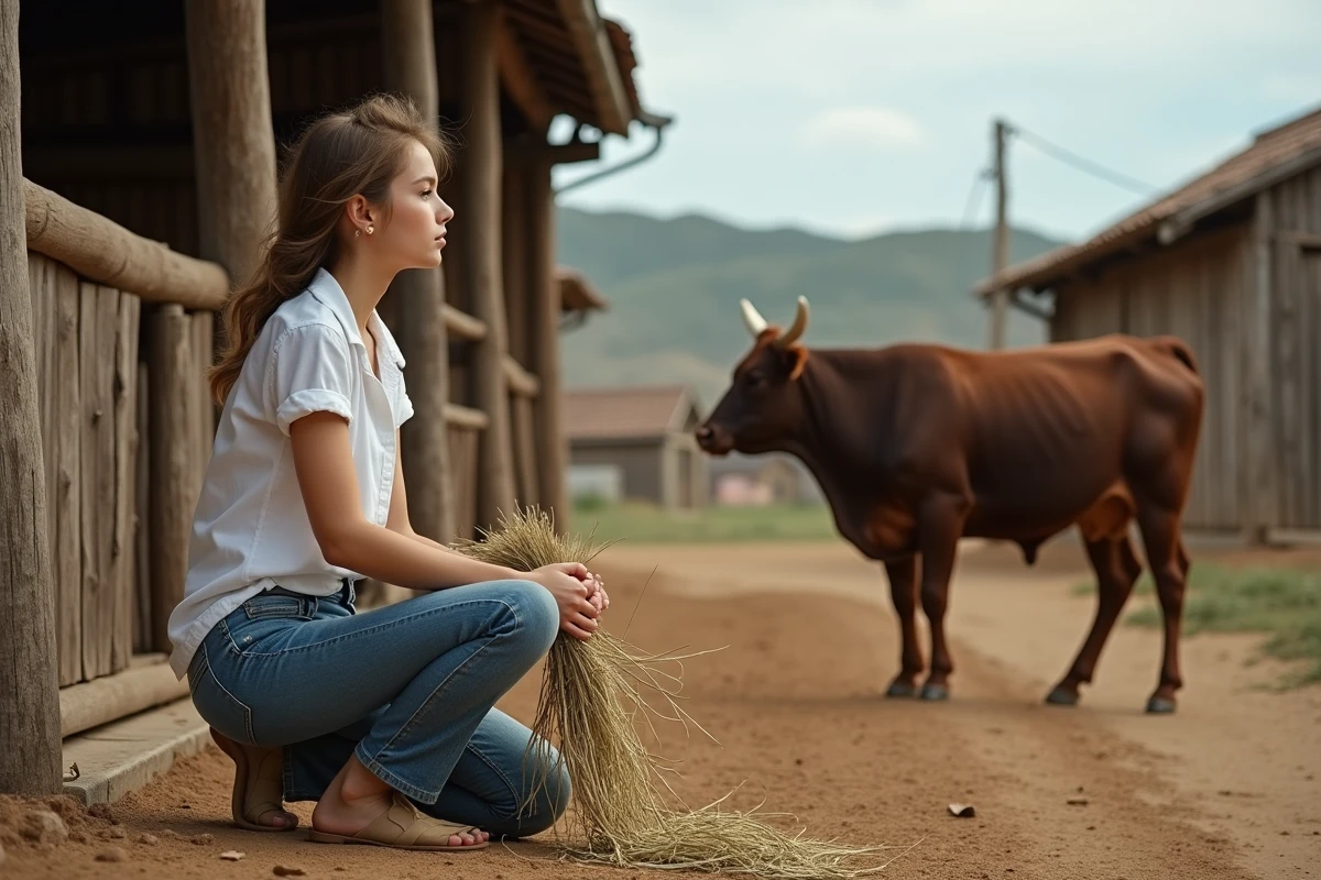 Jeune femme en denim observant un taureau dans une ferme rustique
