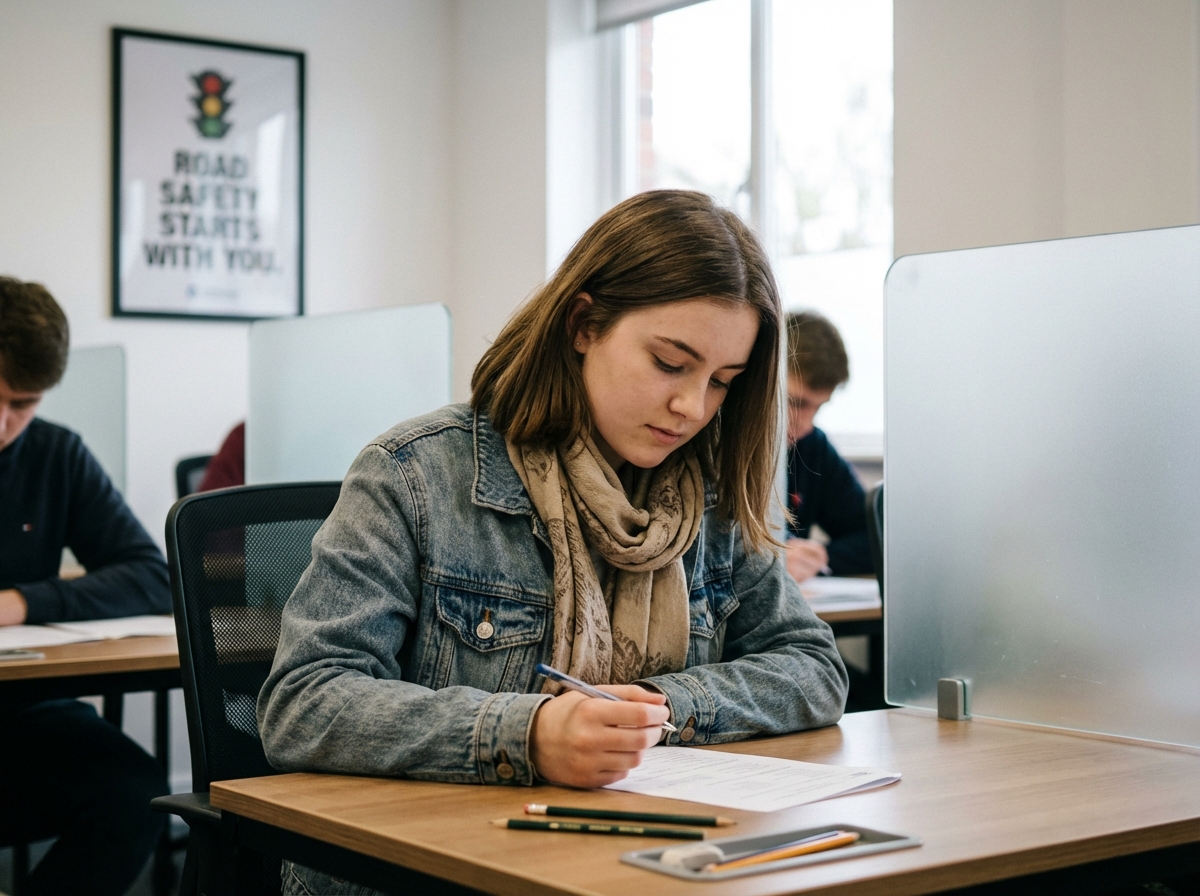 Jeune femme concentrée lors d'un test de conduite en intérieur