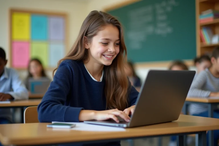 Jeune fille concentrée sur son ordinateur dans une salle de classe moderne