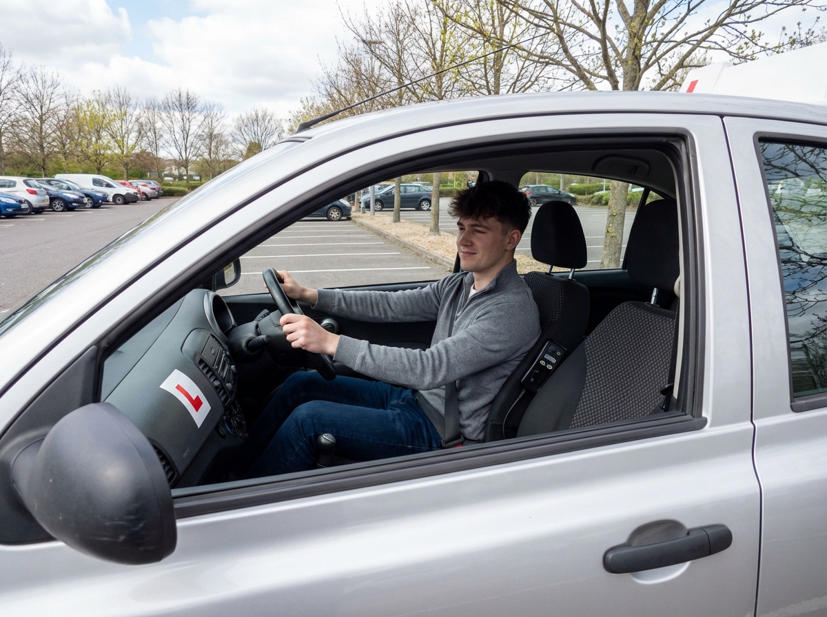 Jeune homme souriant dans une voiture en extérieur