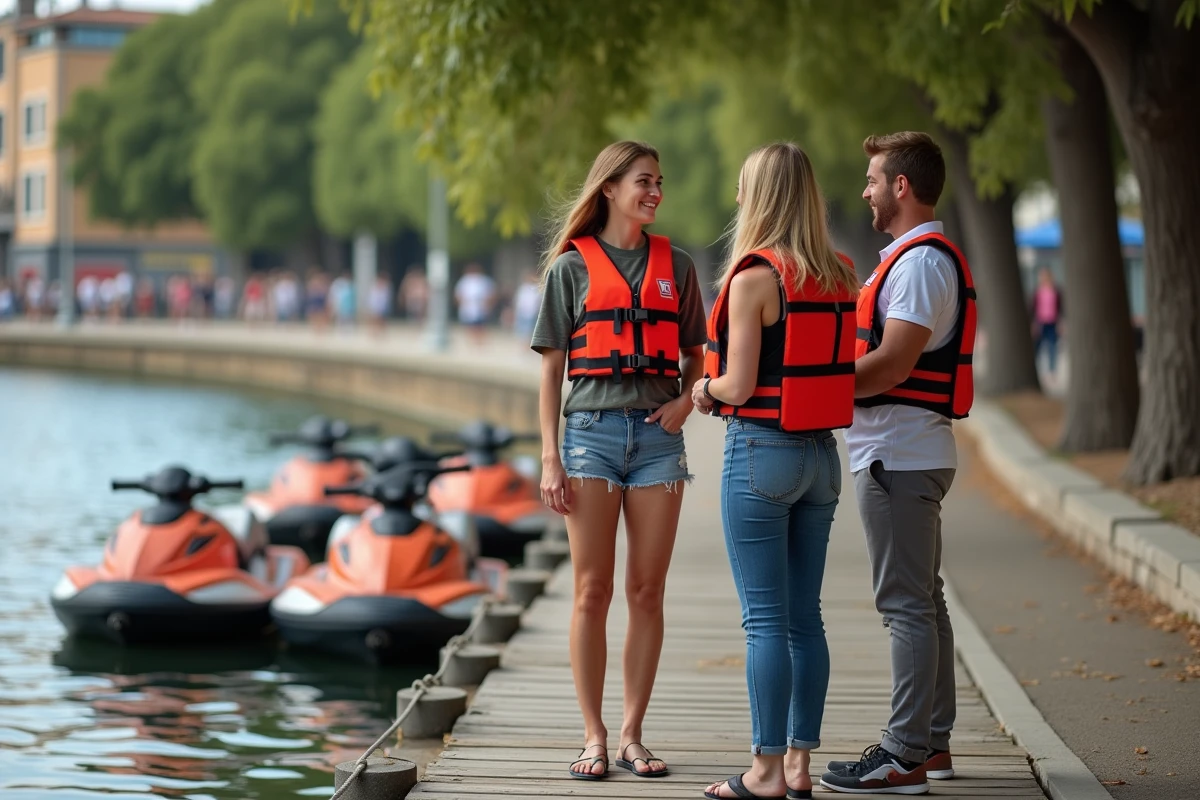 Deux amies louant des pédalos sur les berges du Lez à Montpellier avec un employé de la station