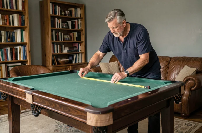 Homme mesurant un billard américain dans un salon décoré pour choisir la bonne dimension