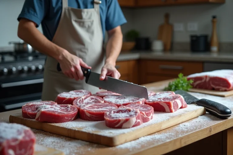 Assortiment d'outils de découpe pour viande congelée sur un plan de travail de cuisine
