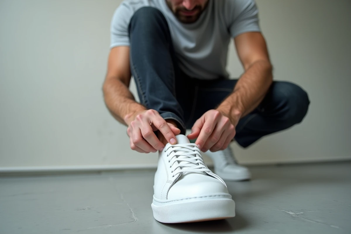 Un homme palpe les coutures et le collage à la jonction semelle-tige d'une sneaker blanche pour détecter une éventuelle contrefaçon.