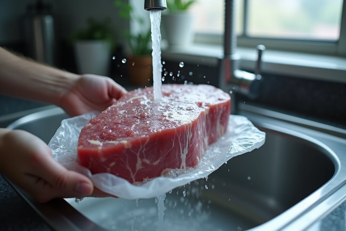 Passage de viande congelée sous un filet d'eau froide courante dans un évier en inox