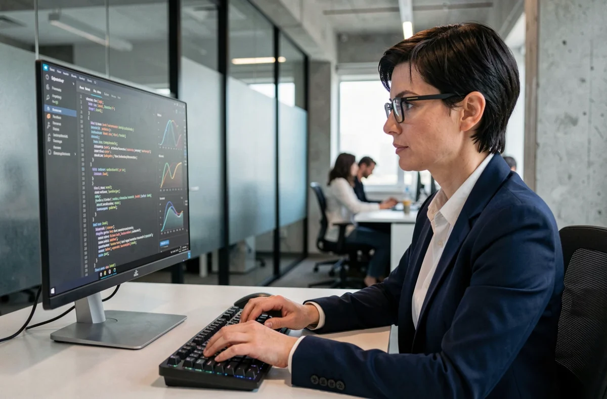 Professionnelle en cybersécurité analysant des tableaux de bord de sécurité informatique sur un poste de travail en entreprise