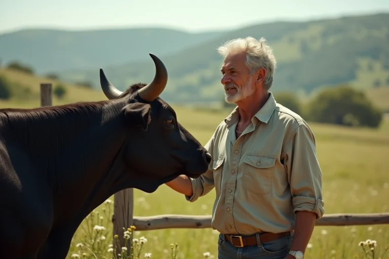 Rancher espagnol âgé avec un taureau noir dans un pré ensoleillé