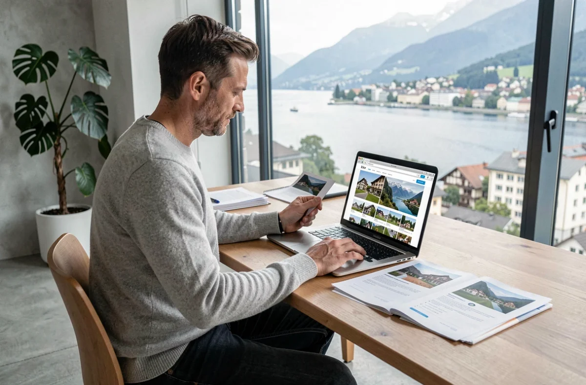 Homme recherchant des biens immobiliers en Suisse sur un ordinateur portable dans un appartement moderne avec vue sur le lac Léman