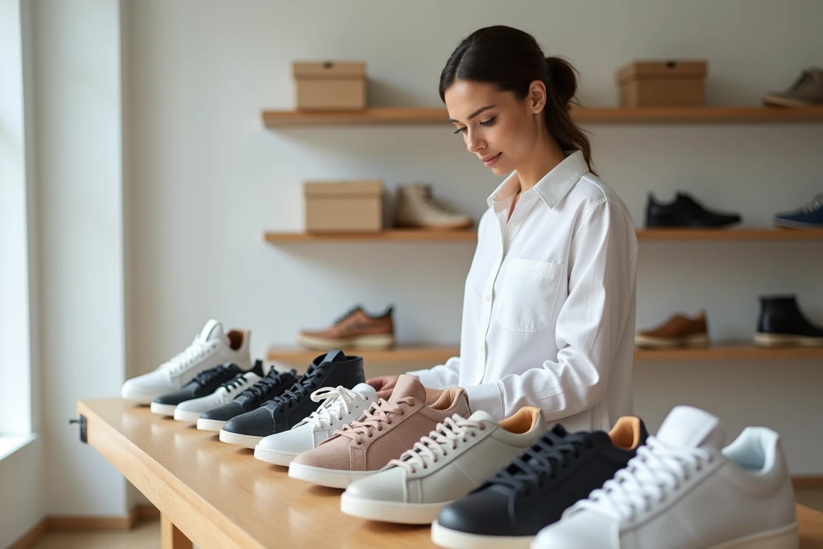 Une femme inspecte attentivement plusieurs paires de chaussures authentiques et contrefaites posées sur une table en bois, dans une boutique moderne.