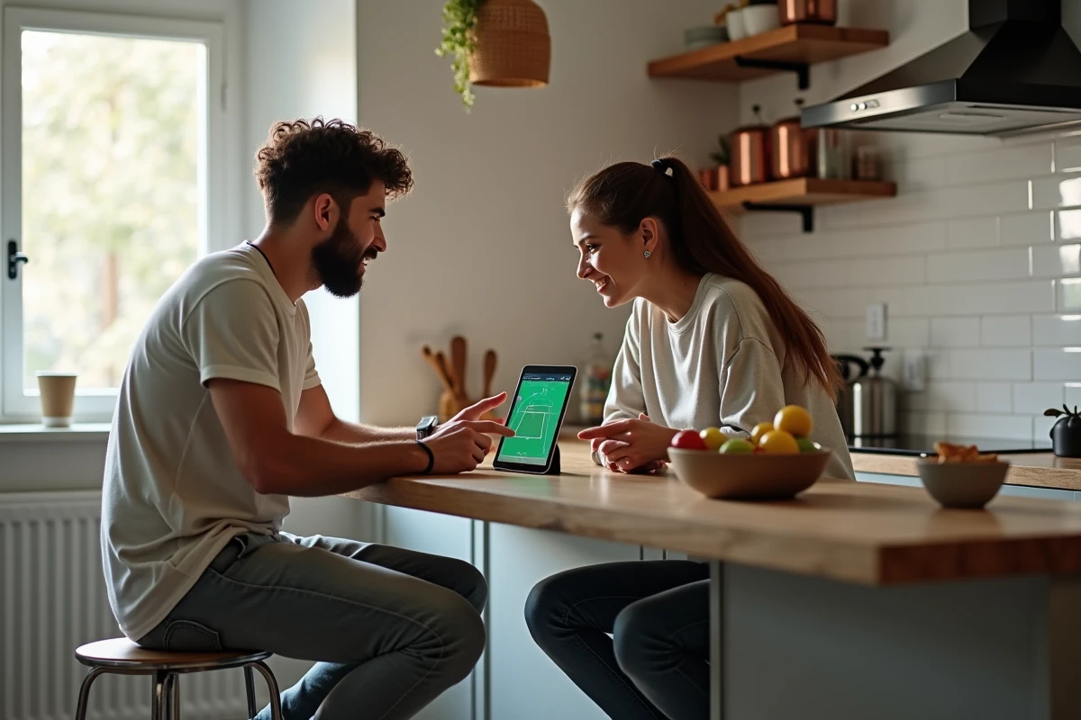 Deux amis regardant un match de tennis en streaming gratuit sur une tablette dans une cuisine moderne
