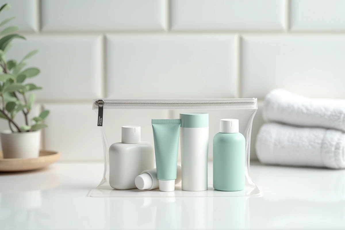 Sac de toilettes transparent réglementaire avec dentifrice et produits de moins de 100ml pour le bagage cabine avion