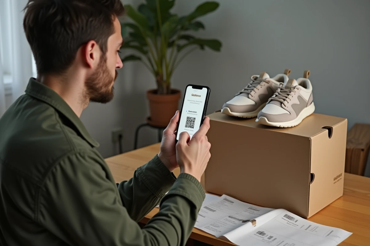 Un homme scanne le code-barres et le QR code d'une boîte à chaussures avec son smartphone pour vérifier l'authenticité du produit.