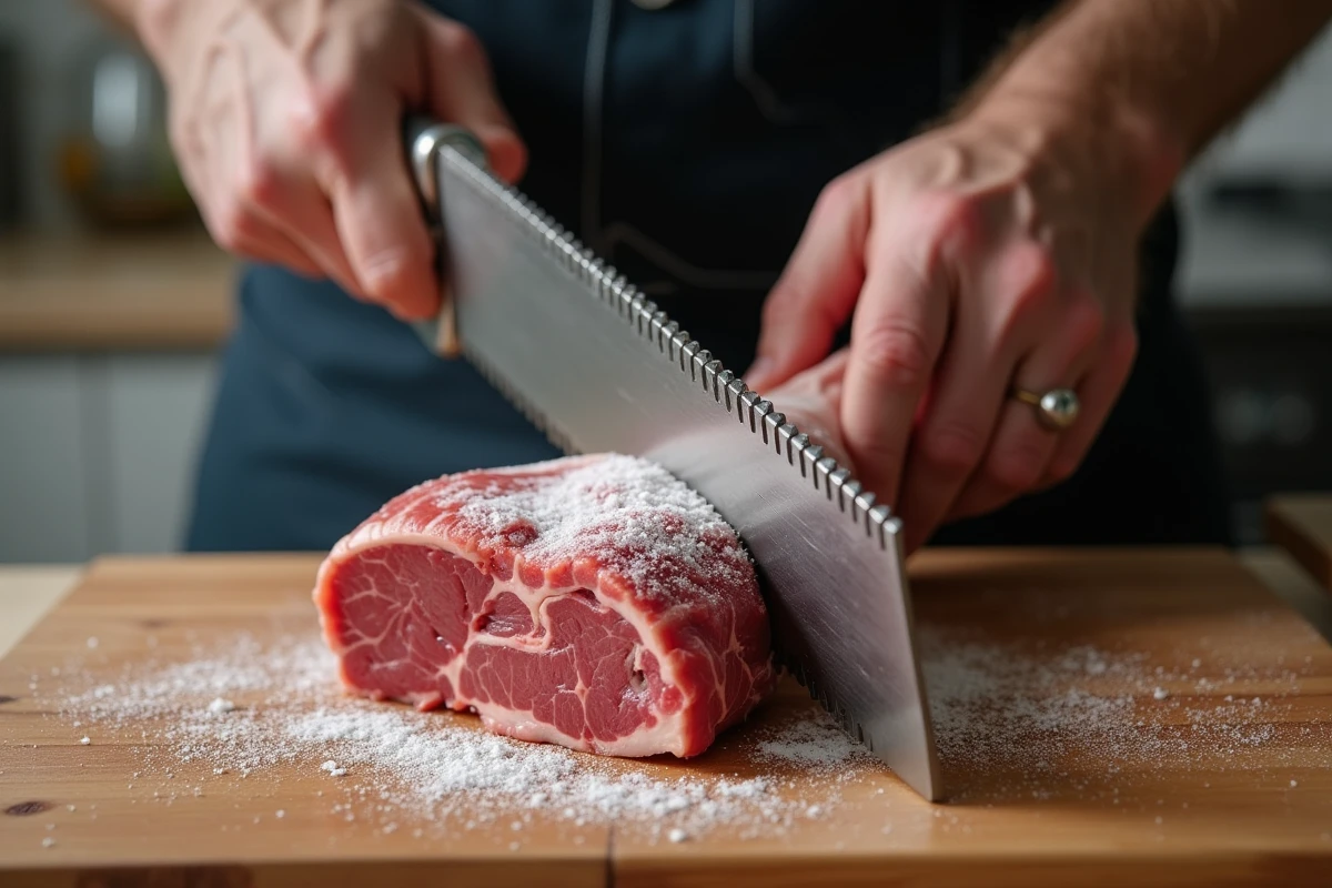 Scie à os manuelle avec lame neuve utilisée pour couper de la viande congelée sur une planche en bois