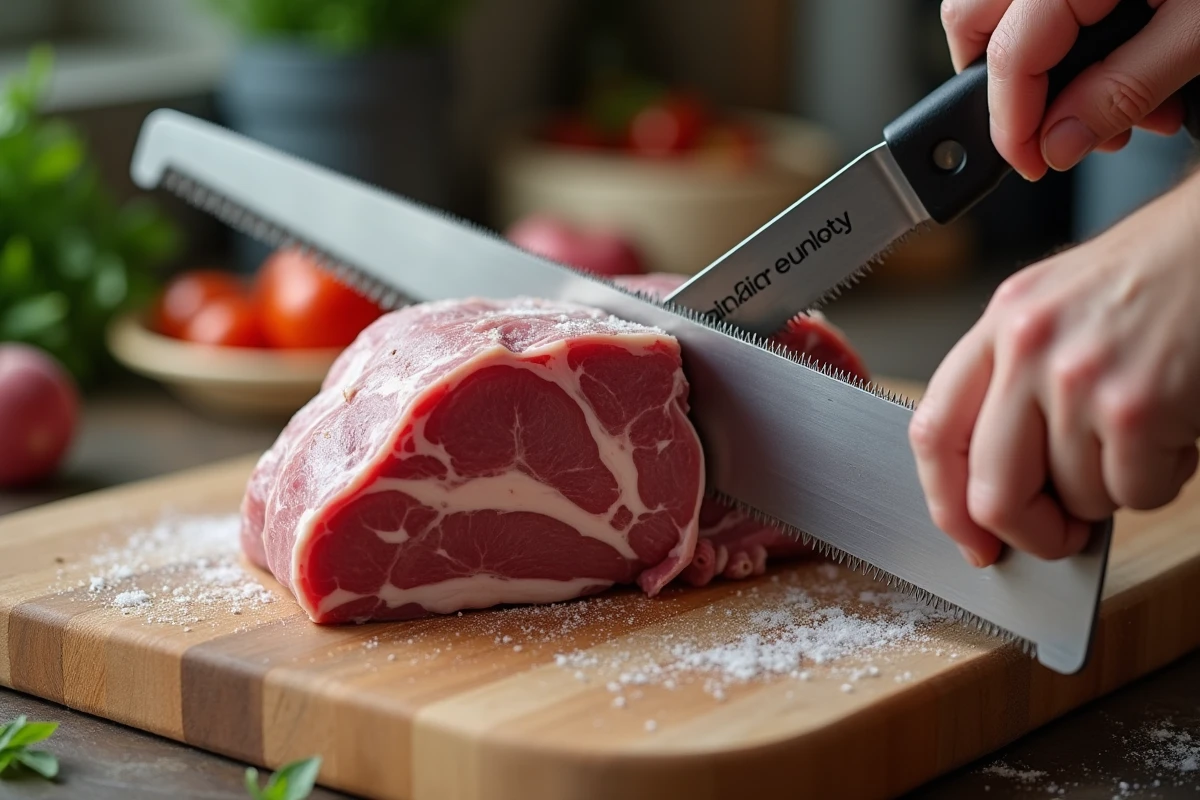 Scie à métaux neuve réservée à l'alimentaire utilisée pour couper un gigot congelé