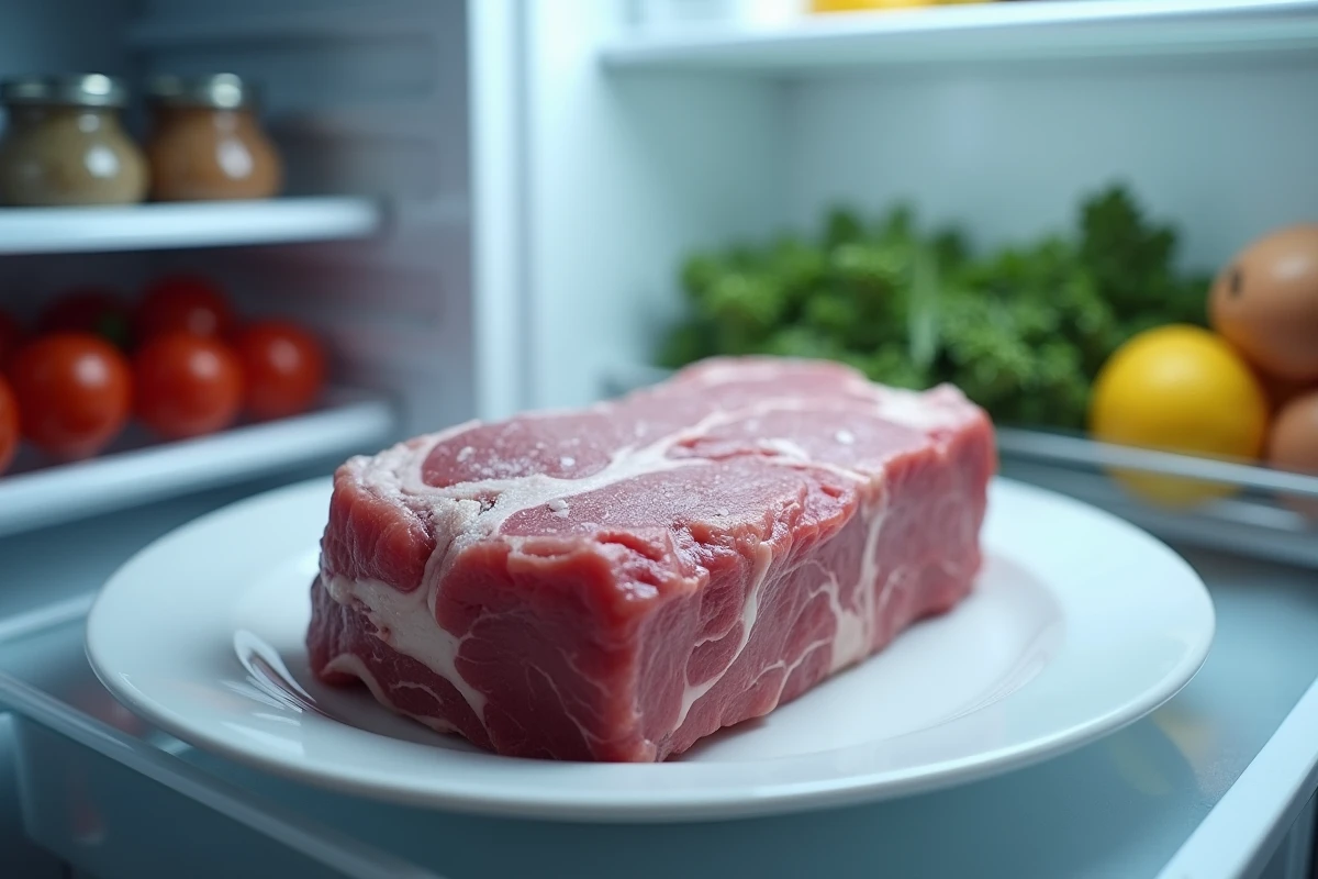 Viande en cours de semi-décongélation contrôlée sur une assiette dans un réfrigérateur ouvert