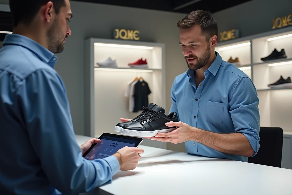 Un homme remet une paire de sneakers à un service d'authentification tiers spécialisé pour vérification officielle avant de finaliser son achat.