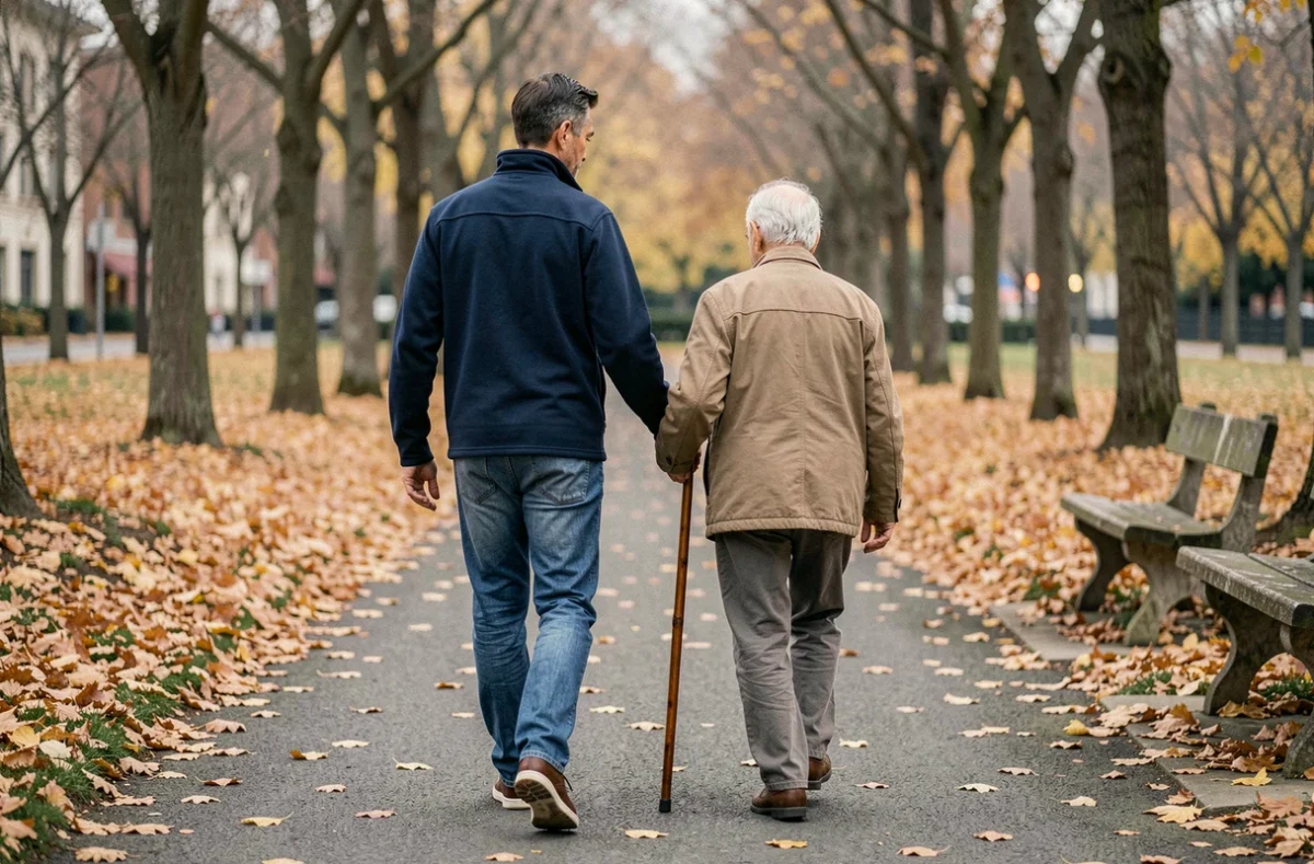 Fils accompagnant son père âgé lors d'une promenade bienveillante dans un parc en automne