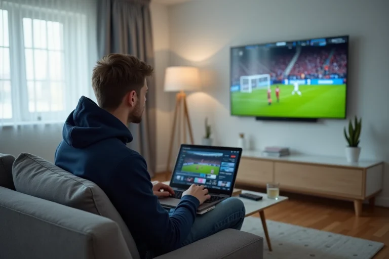 Homme regardant un match de sport en streaming gratuit sur sa télévision et son ordinateur portable dans son salon