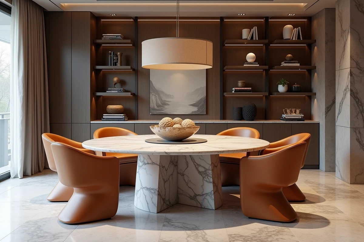Table à manger en marbre avec chaises en cuir dans un intérieur élégant