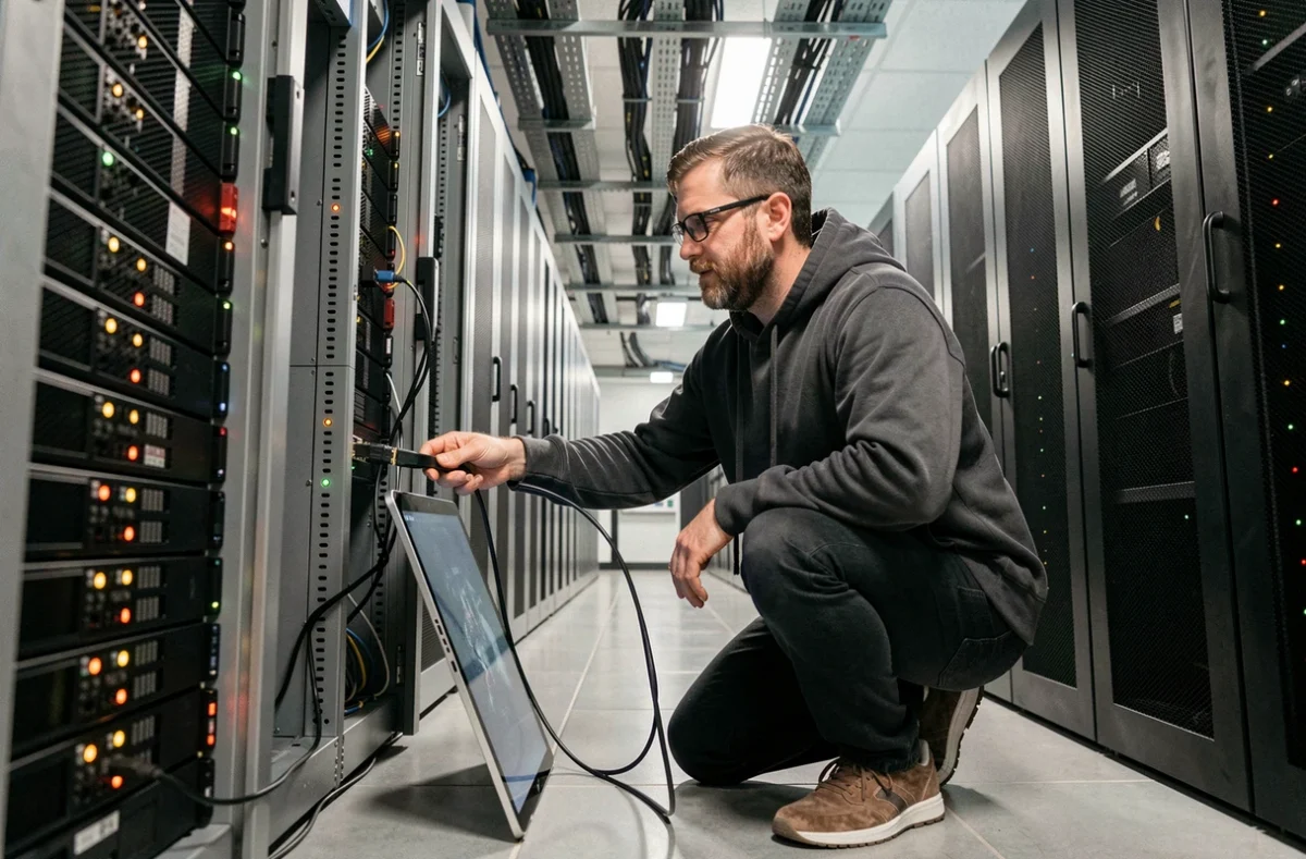 Technicien réseau configurant des serveurs dans une salle informatique sécurisée d'une entreprise
