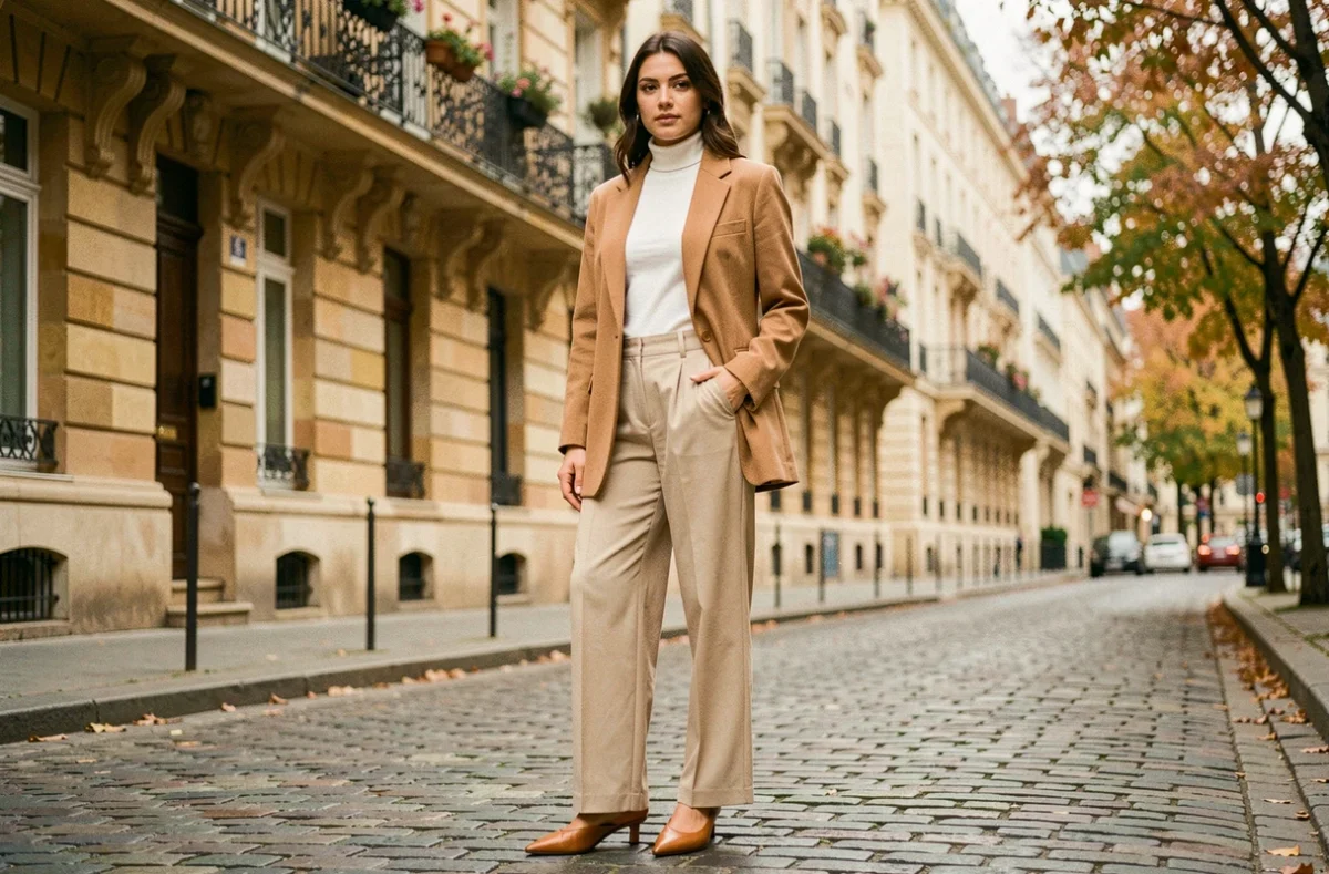 Femme élégante portant un blazer camel oversize et un pantalon large crème dans une rue pavée parisienne en automne