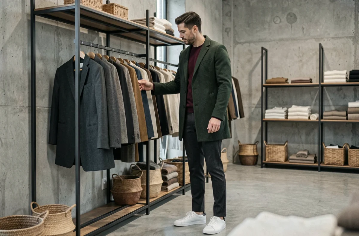 Homme stylé en manteau vert forêt et pull bordeaux dans une boutique de mode minimaliste au design contemporain