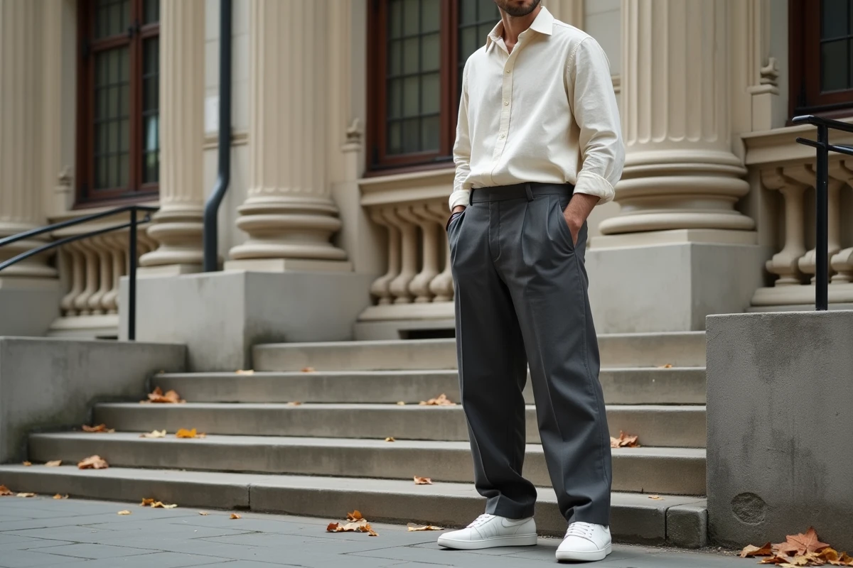 Homme en pantalon large tendance et chemise lin écru devant une architecture néoclassique européenne