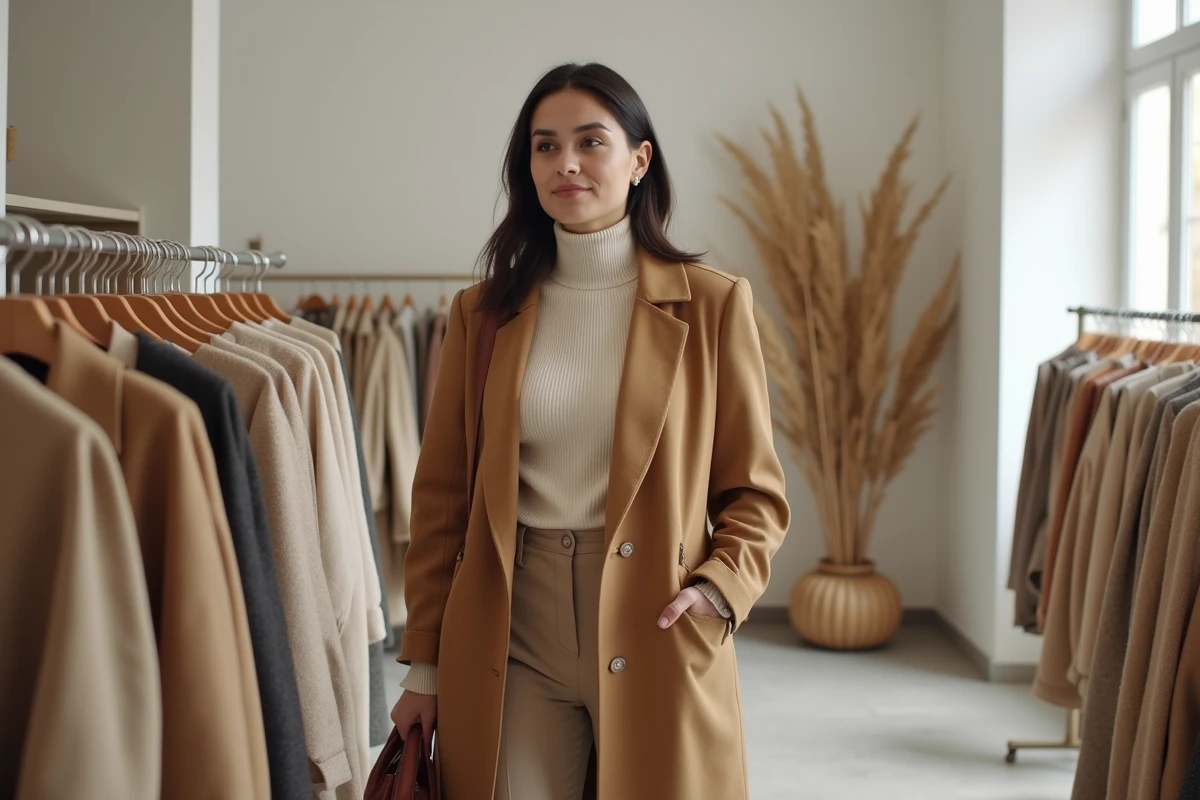 Femme élégante en manteau camel tendance automne-hiver dans une boutique de mode parisienne minimaliste