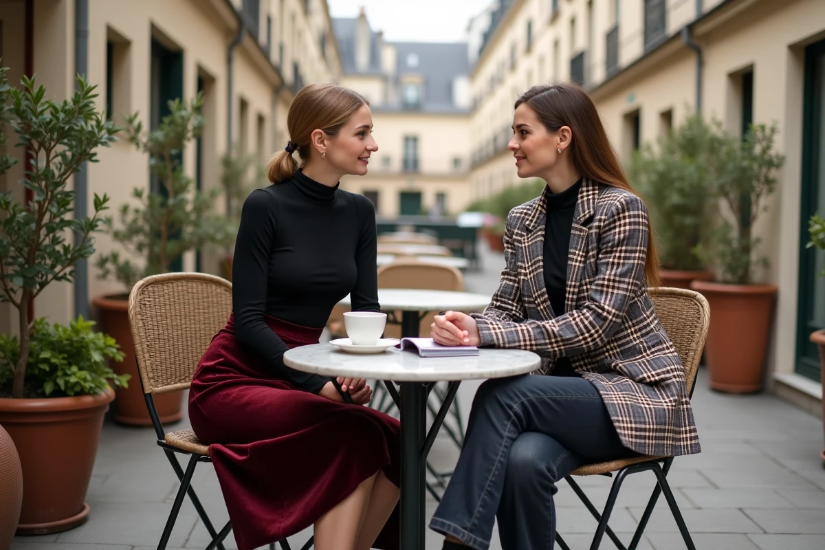 Deux femmes en tenues tendance automne assises en terrasse parisienne avec jupe velours et blazer oversize